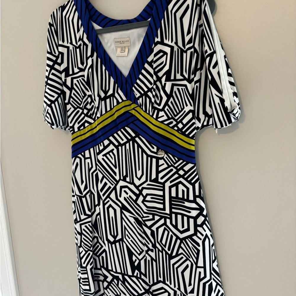 Karen Millen Black and White Geometric Dress with Blue and Yellow Stripes